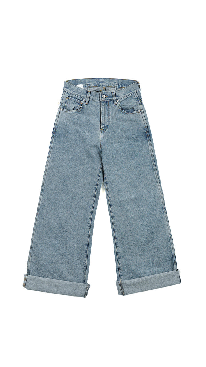 denim baggy roll pants
